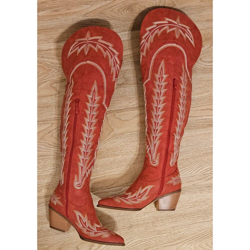 Western Cowboy Pointed Toe Block Heel Embroidery Over Knee Boots Womens Size 7.5 - Picture 9 of 9